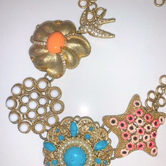 Stella & Dot Bird of Paradise Statement Necklace Gold Turquoise Coral Retired - Picture 8 of 10